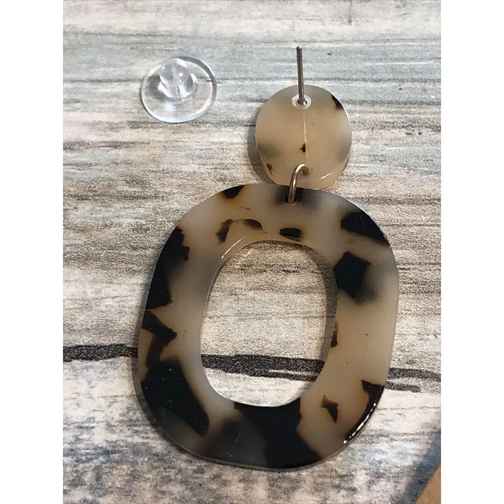 Tortoise Shell Oblong Acrylic‎ Earrings Drop Dangle Brown Beige
